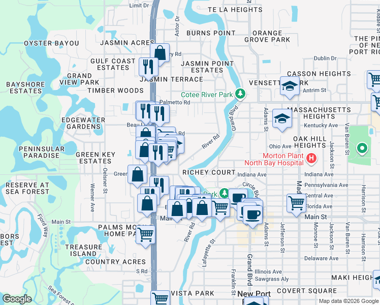 map of restaurants, bars, coffee shops, grocery stores, and more near 5418 Sunset Road in New Port Richey