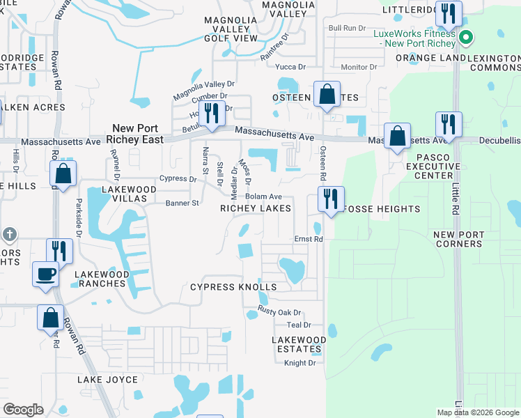 map of restaurants, bars, coffee shops, grocery stores, and more near 6720 Atis Street in New Port Richey