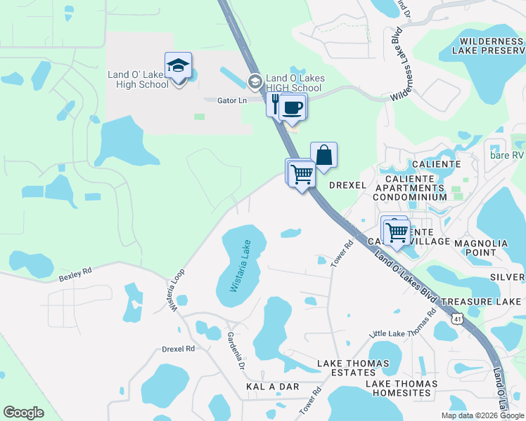 map of restaurants, bars, coffee shops, grocery stores, and more near 6800 Wisteria Loop in Land O' Lakes