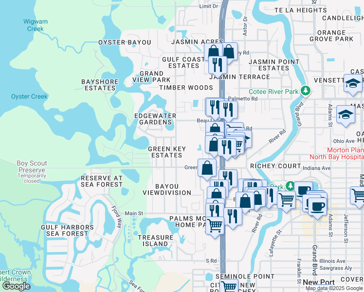map of restaurants, bars, coffee shops, grocery stores, and more near 6704 Oelsner Street in New Port Richey
