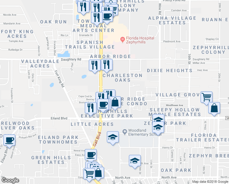 map of restaurants, bars, coffee shops, grocery stores, and more near 38120 Pierre Lane in Zephyrhills