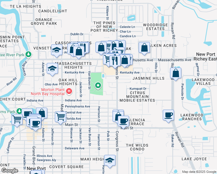 map of restaurants, bars, coffee shops, grocery stores, and more near 6424 Eric Drive in New Port Richey