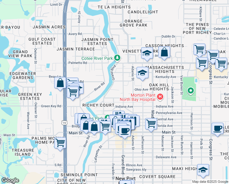 map of restaurants, bars, coffee shops, grocery stores, and more near 5630 Ohio Avenue in New Port Richey