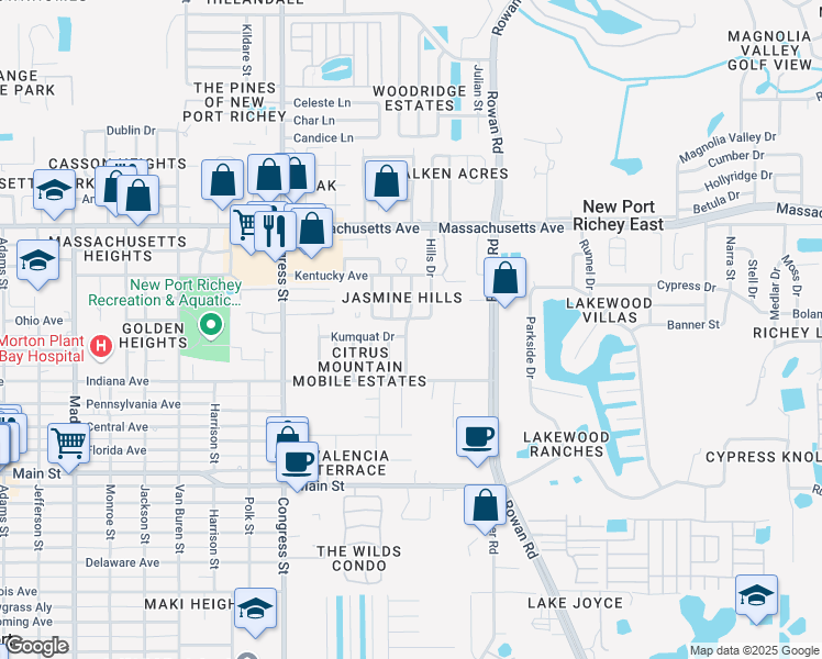 map of restaurants, bars, coffee shops, grocery stores, and more near 6704 Crossbow Lane in New Port Richey