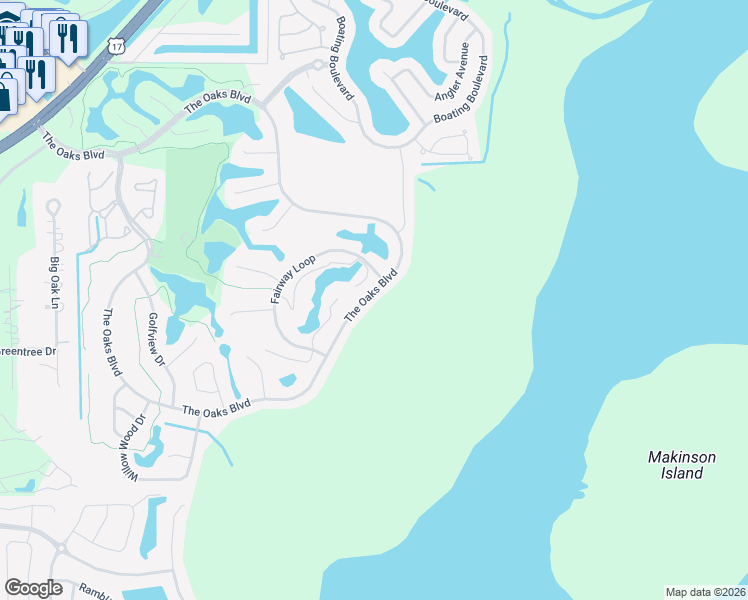 map of restaurants, bars, coffee shops, grocery stores, and more near 2119 The Oaks Boulevard in Kissimmee