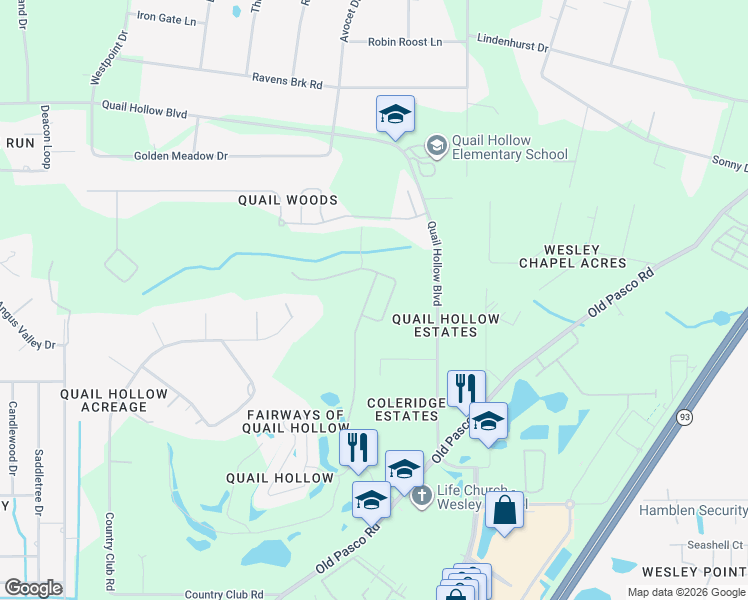 map of restaurants, bars, coffee shops, grocery stores, and more near 6664 Country Club Road in Wesley Chapel