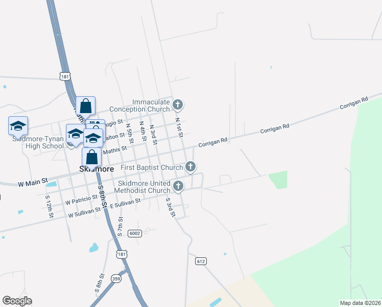map of restaurants, bars, coffee shops, grocery stores, and more near 119 South Signal Street in Skidmore