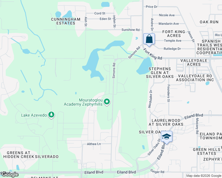 map of restaurants, bars, coffee shops, grocery stores, and more near Simons Road in Zephyrhills