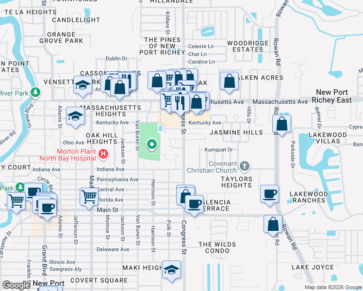 map of restaurants, bars, coffee shops, grocery stores, and more near 6716 Congress Street in New Port Richey
