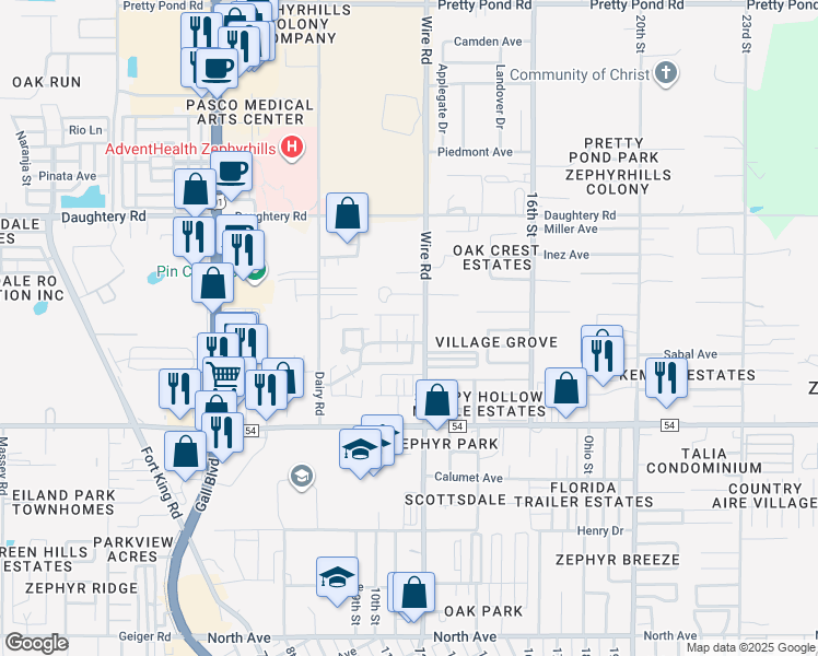 map of restaurants, bars, coffee shops, grocery stores, and more near 6780 Basswood Drive in Zephyrhills