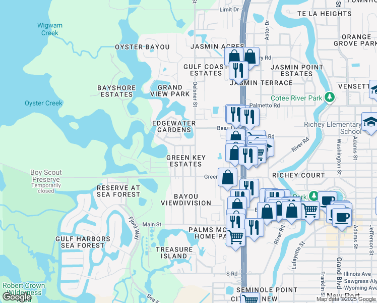 map of restaurants, bars, coffee shops, grocery stores, and more near 6713 Sierra Terrace in New Port Richey