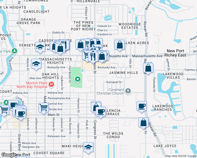 map of restaurants, bars, coffee shops, grocery stores, and more near 6716 Congress Street in New Port Richey