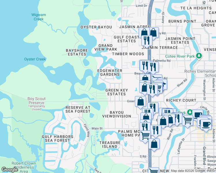 map of restaurants, bars, coffee shops, grocery stores, and more near 6719 Manor Beach Road in New Port Richey