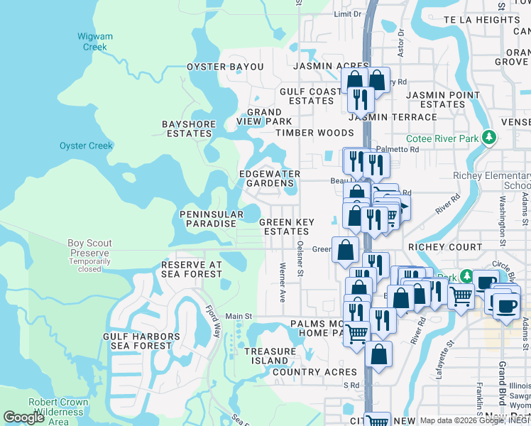 map of restaurants, bars, coffee shops, grocery stores, and more near 6727 Manor Beach Road in New Port Richey