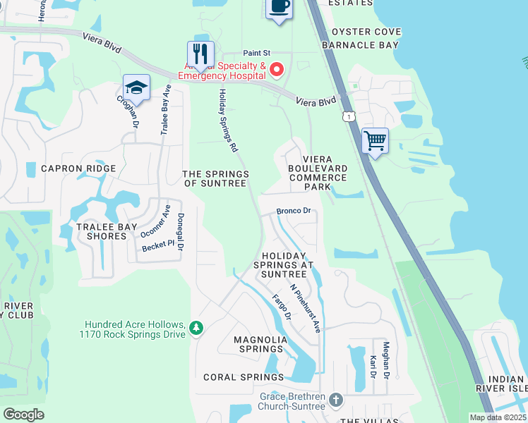 map of restaurants, bars, coffee shops, grocery stores, and more near 1579 Bronco Drive in Melbourne