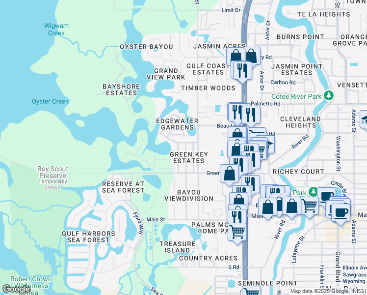 map of restaurants, bars, coffee shops, grocery stores, and more near 6725 Sierra Terrace in New Port Richey