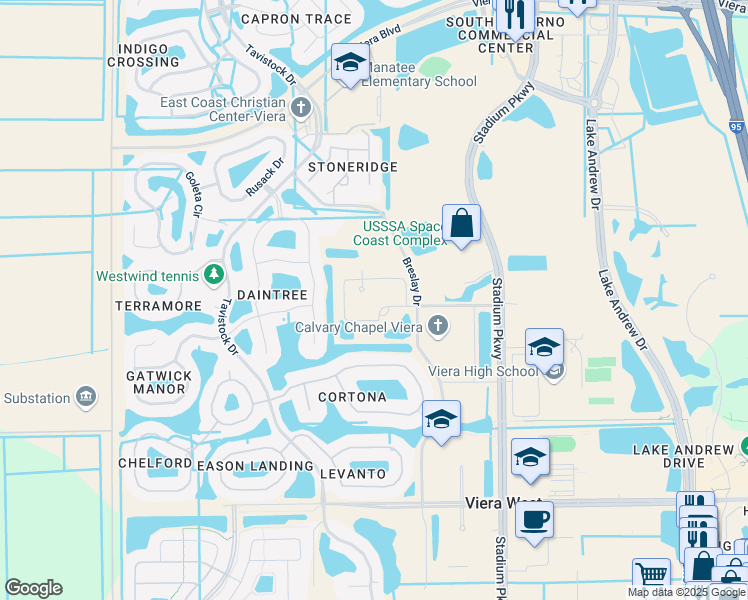 map of restaurants, bars, coffee shops, grocery stores, and more near 2900 Veterans Way in Melbourne