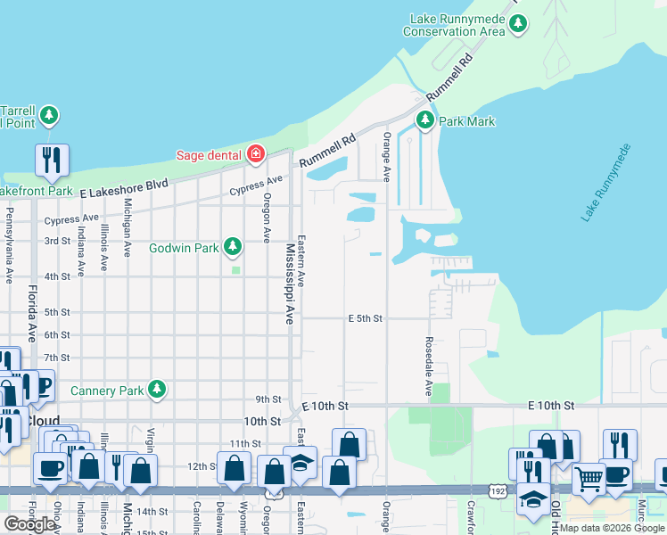 map of restaurants, bars, coffee shops, grocery stores, and more near 374 Grape Avenue in St. Cloud