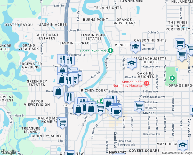 map of restaurants, bars, coffee shops, grocery stores, and more near 6733 River Road in New Port Richey
