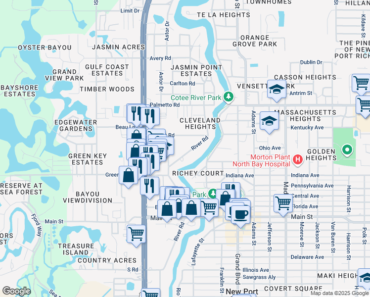 map of restaurants, bars, coffee shops, grocery stores, and more near 6733 River Road in New Port Richey