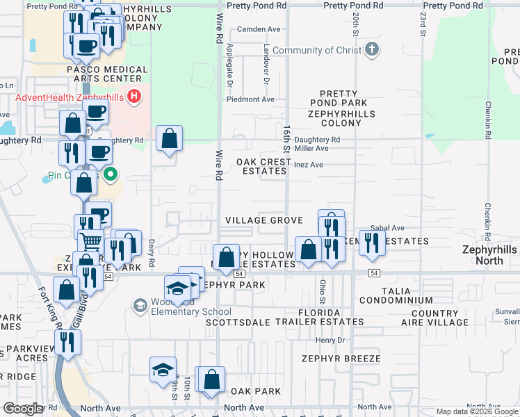 map of restaurants, bars, coffee shops, grocery stores, and more near 38758 Vulcan Circle in Zephyrhills