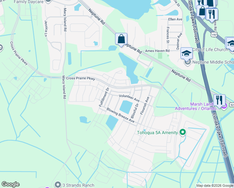 map of restaurants, bars, coffee shops, grocery stores, and more near 2475 Volunteer Avenue in Kissimmee