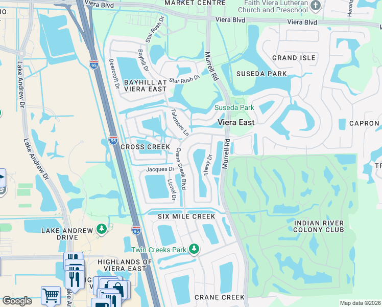 map of restaurants, bars, coffee shops, grocery stores, and more near 1867 Thesy Drive in Melbourne