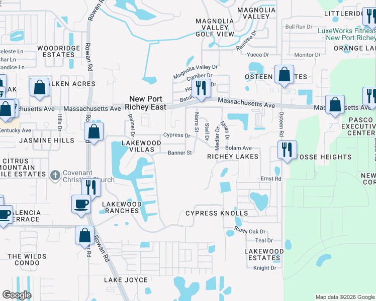 map of restaurants, bars, coffee shops, grocery stores, and more near 6720 Keena Street in New Port Richey
