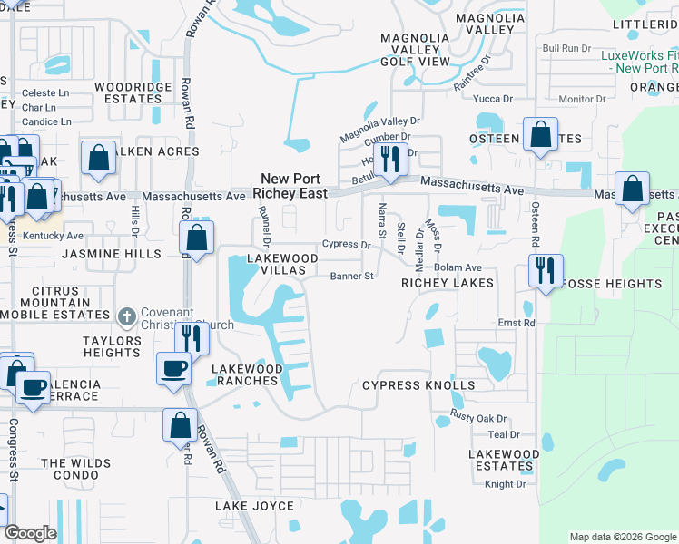 map of restaurants, bars, coffee shops, grocery stores, and more near 7421 Banner Street in New Port Richey