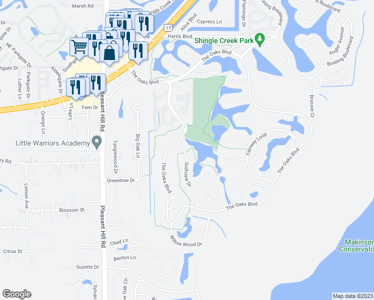 map of restaurants, bars, coffee shops, grocery stores, and more near 1711 Golfview Drive in Kissimmee