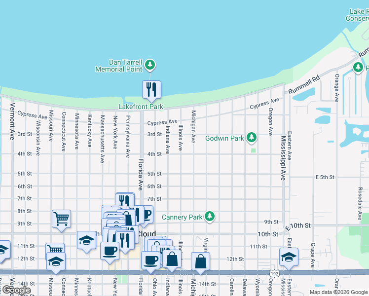 map of restaurants, bars, coffee shops, grocery stores, and more near 323 Illinois Avenue in Saint Cloud