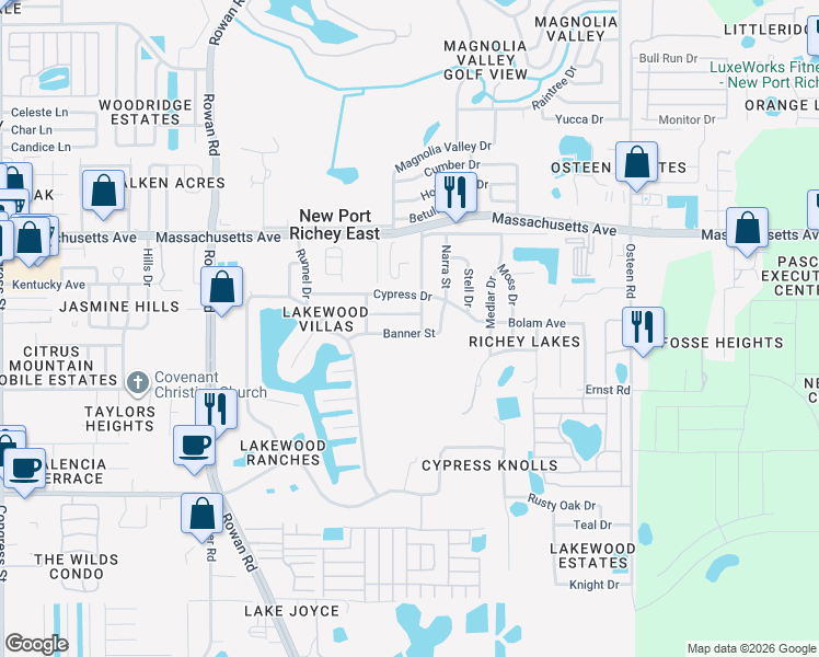 map of restaurants, bars, coffee shops, grocery stores, and more near 7421 Banner Street in New Port Richey