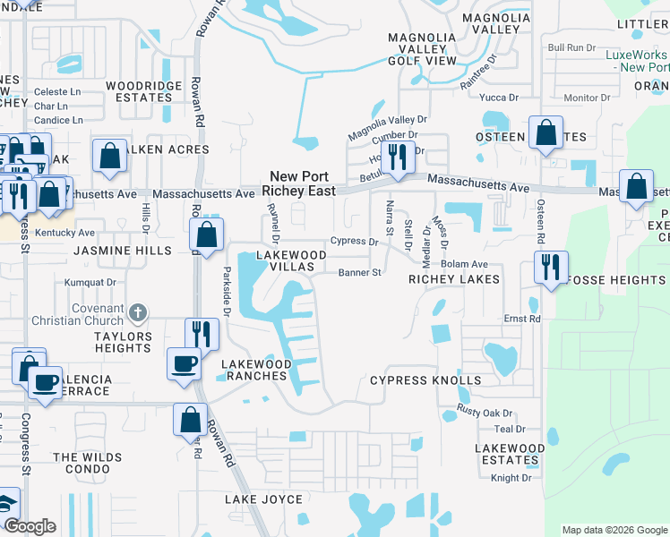 map of restaurants, bars, coffee shops, grocery stores, and more near 7421 Banner Street in New Port Richey