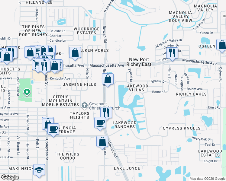 map of restaurants, bars, coffee shops, grocery stores, and more near 6727 Parkside Drive in New Port Richey