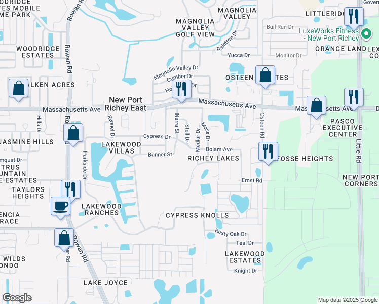 map of restaurants, bars, coffee shops, grocery stores, and more near 7618 Cypress Drive in New Port Richey