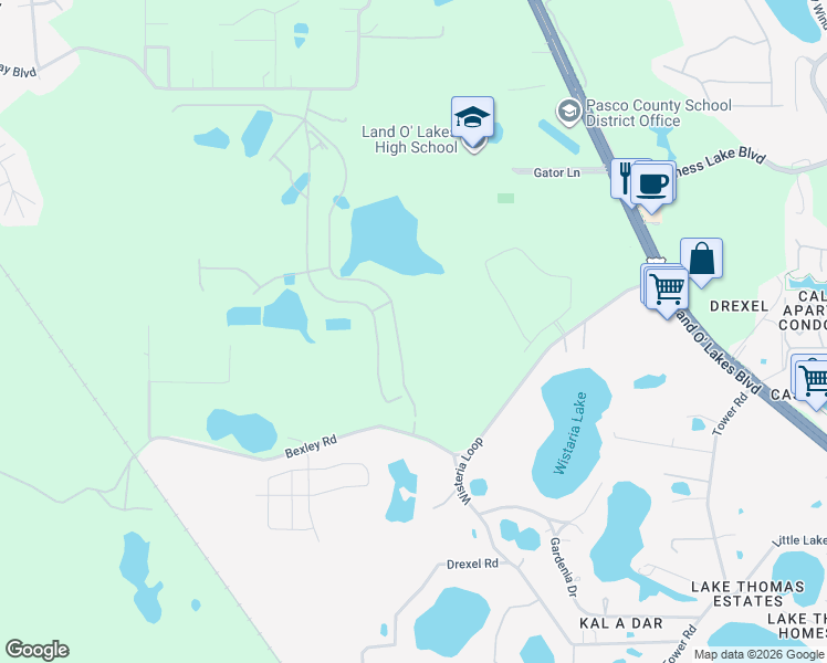 map of restaurants, bars, coffee shops, grocery stores, and more near 20159 Bexley Road in Land O' Lakes