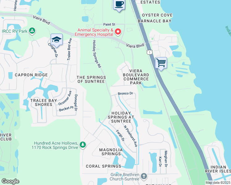 map of restaurants, bars, coffee shops, grocery stores, and more near 1579 Bronco Drive in Melbourne