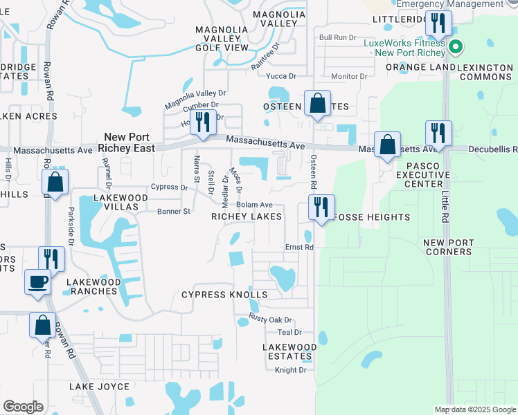 map of restaurants, bars, coffee shops, grocery stores, and more near 6720 Atis Street in New Port Richey