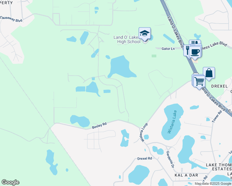 map of restaurants, bars, coffee shops, grocery stores, and more near 20159 Bexley Road in Land O' Lakes