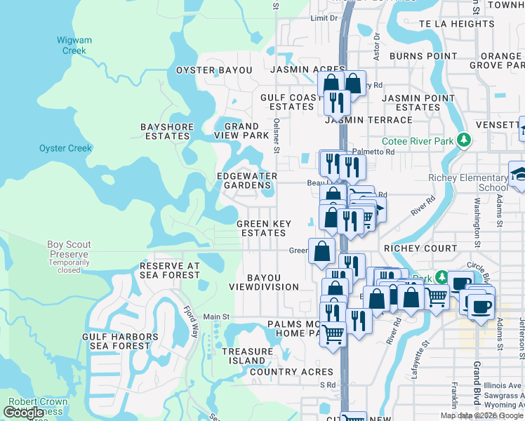 map of restaurants, bars, coffee shops, grocery stores, and more near 6725 Sierra Terrace in New Port Richey