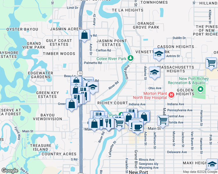 map of restaurants, bars, coffee shops, grocery stores, and more near 6733 River Road in New Port Richey