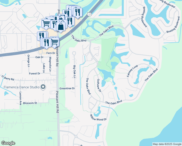 map of restaurants, bars, coffee shops, grocery stores, and more near 1530 The Oaks Boulevard in Kissimmee