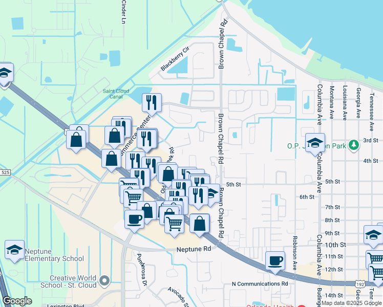 map of restaurants, bars, coffee shops, grocery stores, and more near 419 Hamilton Park Circle in St. Cloud