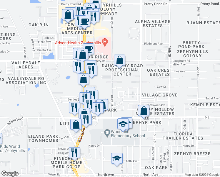 map of restaurants, bars, coffee shops, grocery stores, and more near 6729 Dairy Road in Zephyrhills
