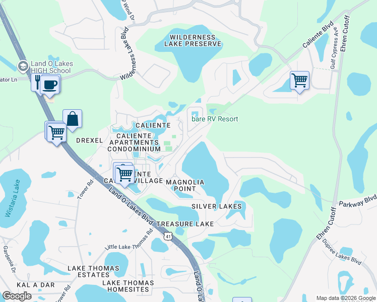 map of restaurants, bars, coffee shops, grocery stores, and more near 6716 Magnolia Point Drive in Land O' Lakes