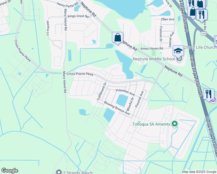 map of restaurants, bars, coffee shops, grocery stores, and more near 2451 Volunteer Avenue in Kissimmee