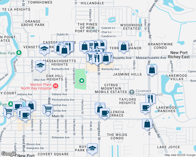 map of restaurants, bars, coffee shops, grocery stores, and more near 6716 Congress Street in New Port Richey