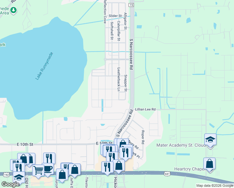 map of restaurants, bars, coffee shops, grocery stores, and more near 1728 Hawksbill Lane in St. Cloud