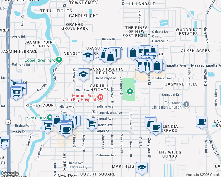 map of restaurants, bars, coffee shops, grocery stores, and more near 6131 Ohio Avenue in New Port Richey