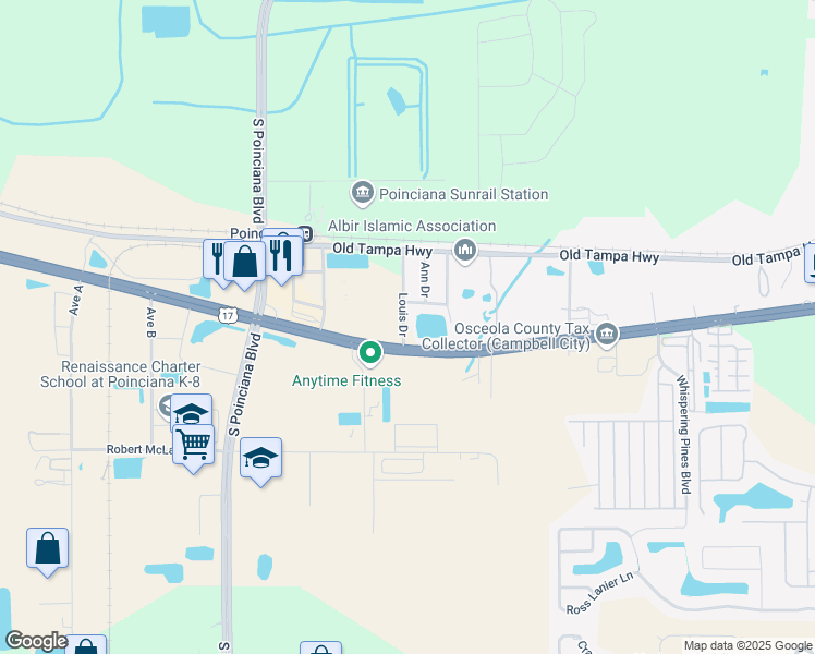 map of restaurants, bars, coffee shops, grocery stores, and more near 1713 Louis Drive in Kissimmee